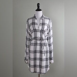 Rails Blair Belted Plaid Shirt Dress Anthropologie White Charcoal‎ Grey L
